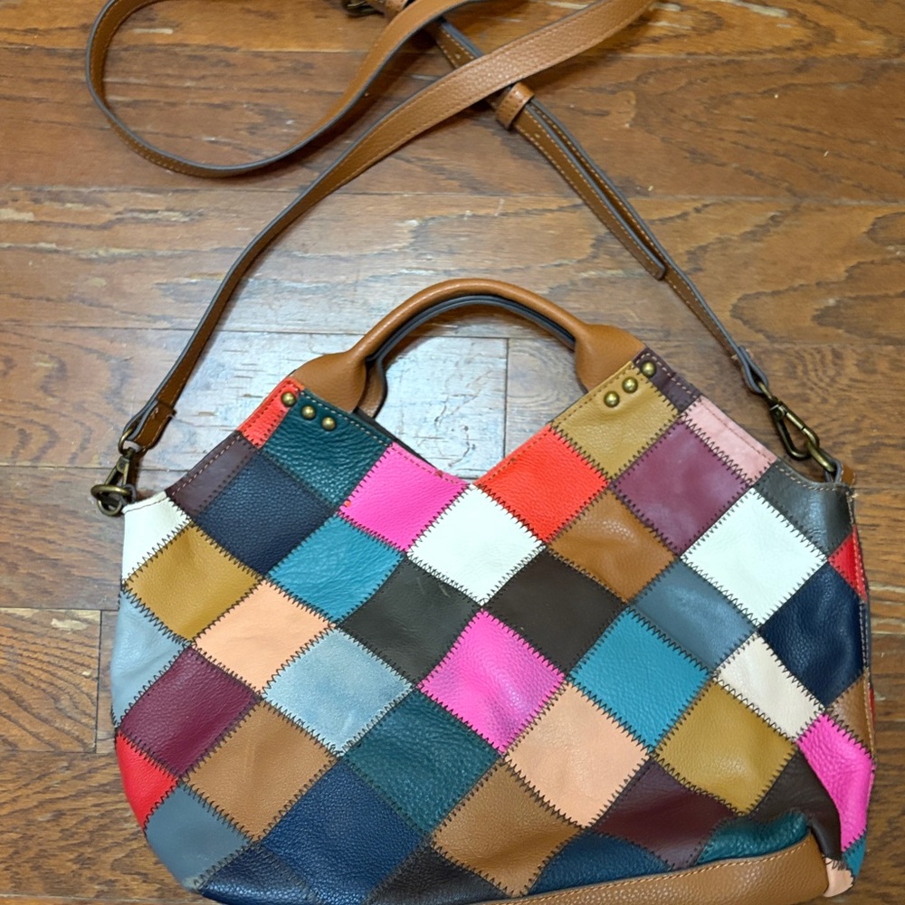 Booba Patchwork Leather Tote Bag Multicolor Squares Brown Handles Dopamine Boho - Picture 8 of 16